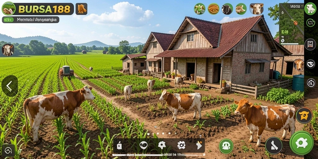 Screenshot gameplay BURSA188 menunjukkan aktivitas bertani yang seru.