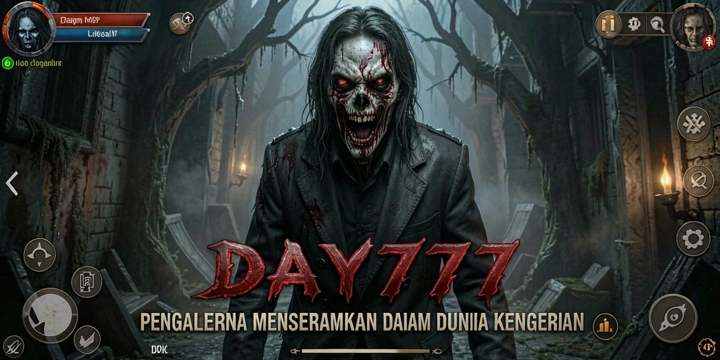Tampilan gameplay mengerikan di DAY777 dengan suasana mencekam.
