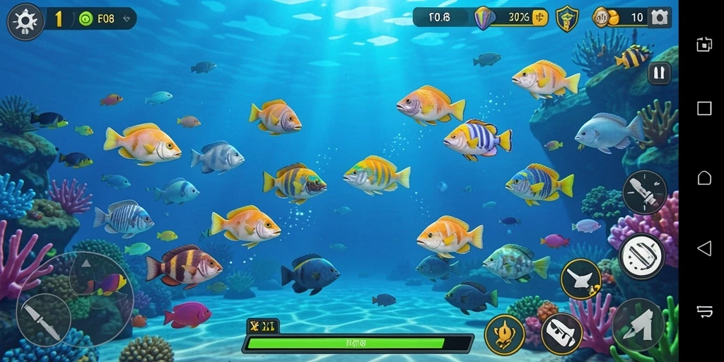 Screenshot gameplay seru di F08 menampilkan aksi tembak ikan.