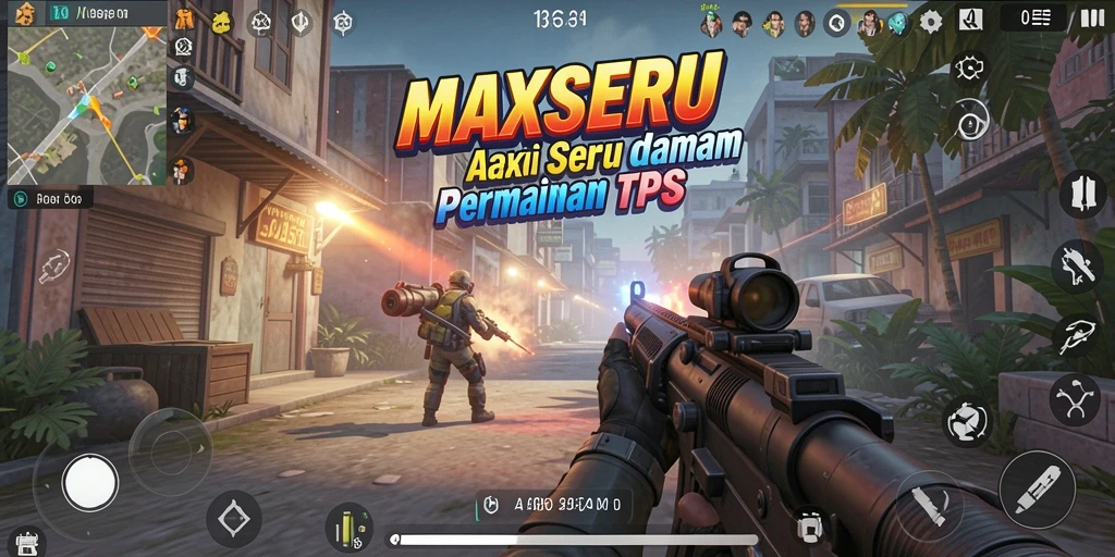 Screenshot utama MAXSERU menampilkan aksi intens dalam gameplay TPS.