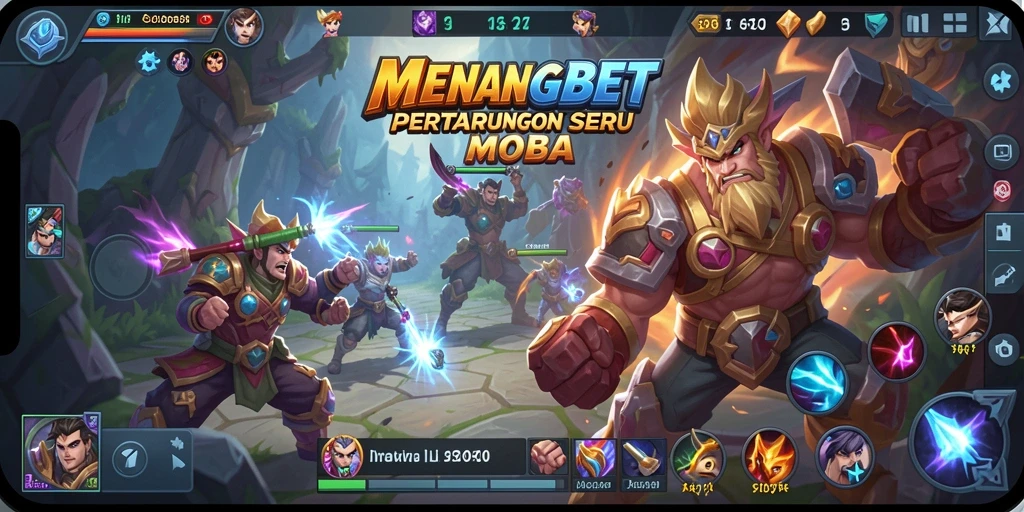 Screenshot gameplay seru MENANGBET dengan aksi pertarungan MOBA.