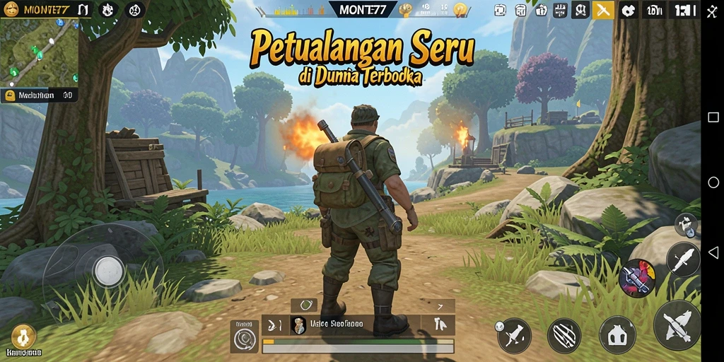 Tampilan gameplay MONTE77 dengan pemandangan dunia terbuka yang menakjubkan.