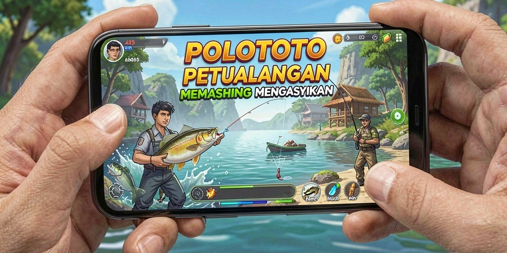 Screenshot utama POLOTOTO menunjukan aksi mendebarkan saat memancing.