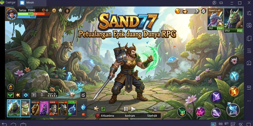 Screenshot SAND77 menampilkan aksi pertempuran epik karakter RPG.
