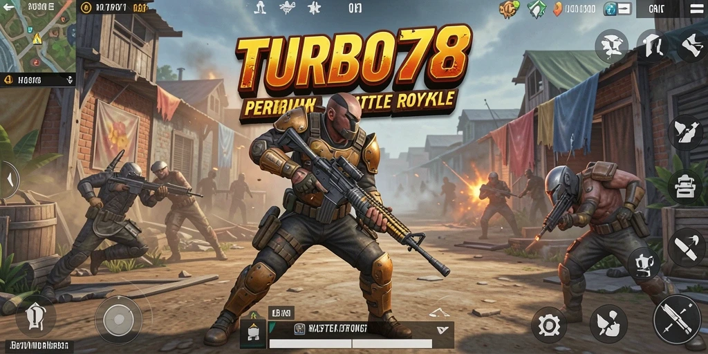 Screenshot gameplay TURBO78 menampilkan pertarungan intens di medan perang Battle Royale.